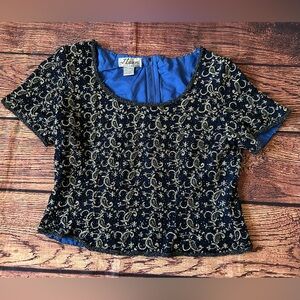 J Laxmi Sequined Paisley Formal Top Women's PM Black Lined Short Sleeve Back Zip